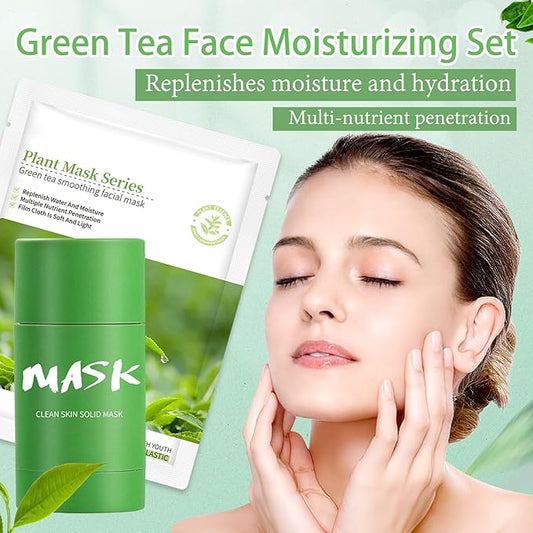 5PCS Green Tea Face Sheet Masks Set, 2PCS Oil Control Long Lasting Moisturizing Blackhead Remover Facial Mask Clay Stick, Deep Pore Cleansing Face Mask Skin Care for All Skin Types（7PCS）
