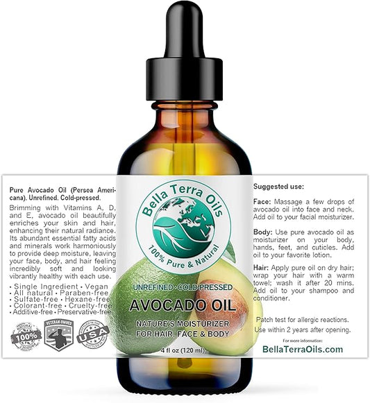 Bella Terra Oils - Avocado Oil 4 oz - Dive into The Purity of Natural Avocado, Abundant in Vitamin K & C, Superior Blend for Essential Oils