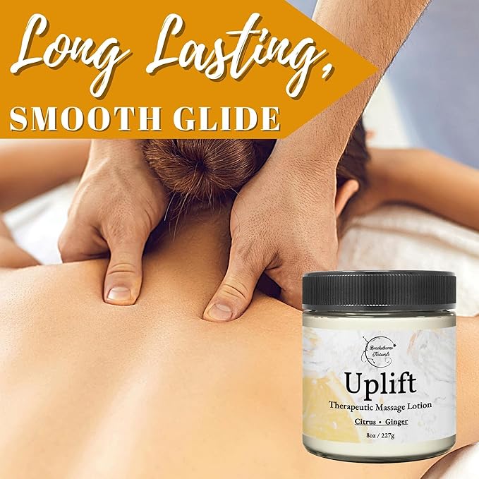 Uplift Massage Lotion for Massage Therapy & Home Use. Moisturizing Cream for Effortless Glide. Shea Butter, Coconut Oil, Aloe Vera & Ginger Citrus Essential Oils - Brookethorne Naturals