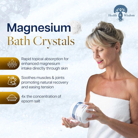 Health and Wisdom Magnesium Bath Crystals - Bath Salts with High Concentration & Enhanced Absorption for Muscle & Joint Relief - Dead Sea Sourced - Unscented - 2.6 oz - Single Use