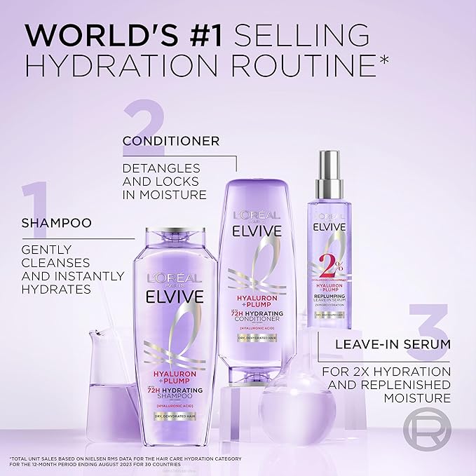 L'Oreal Paris Elvive Hyaluron Plump Moisture Plump Hair Serum for Dehydrated, Dry Hair with Hyaluronic Acid Care Complex, Paraben-Free, 4.4 Fl Oz
