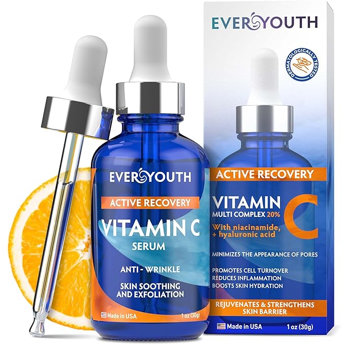 Vitamin C Serum 20%, Anti Aging Stem Cell Serum for Face with Hyaluronic Acid, Collagen Peptides, Vitamin E, Korean Skin Care Brightening Dark Spot Corrector for Wrinkles, Age Spots & Fine Lines, 1 oz