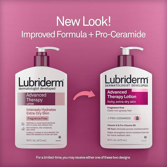 Lubriderm Advanced Therapy Fragrance Free Moisturizing Hand & Body Lotion + Pro-Ceramide with Vitamins E & Pro-Vitamin B5, Intense Hydration for Extra Dry Skin, 16 fl. oz, 2 Pack