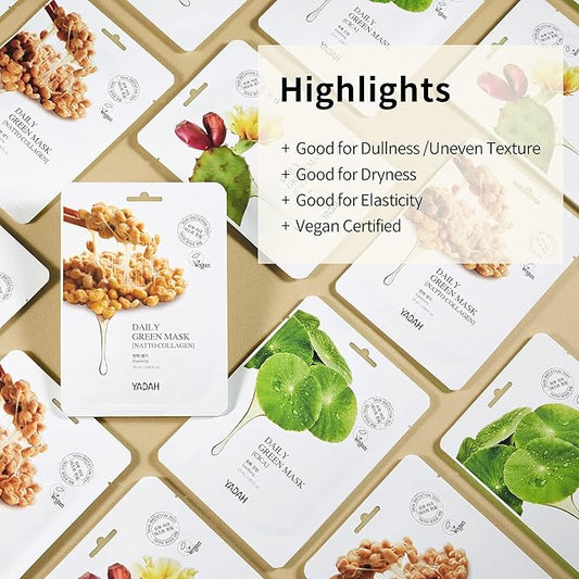 YADAH Daily Green Facial Sheet Mask, Natto Collagen, Pack of 5 – Vegan 100% Eco-friendly Mask Sheet for Skin Elasticity
