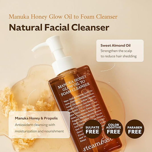 Manuka Honey Glow Oil to Foam Cleanser | Daily Makeup Remover and Cleanser, Hydrating Foaming Face Wash for Dry Skin, Double Cleanse | Korean Facial Oil Cleanser, 7.27 fl oz
