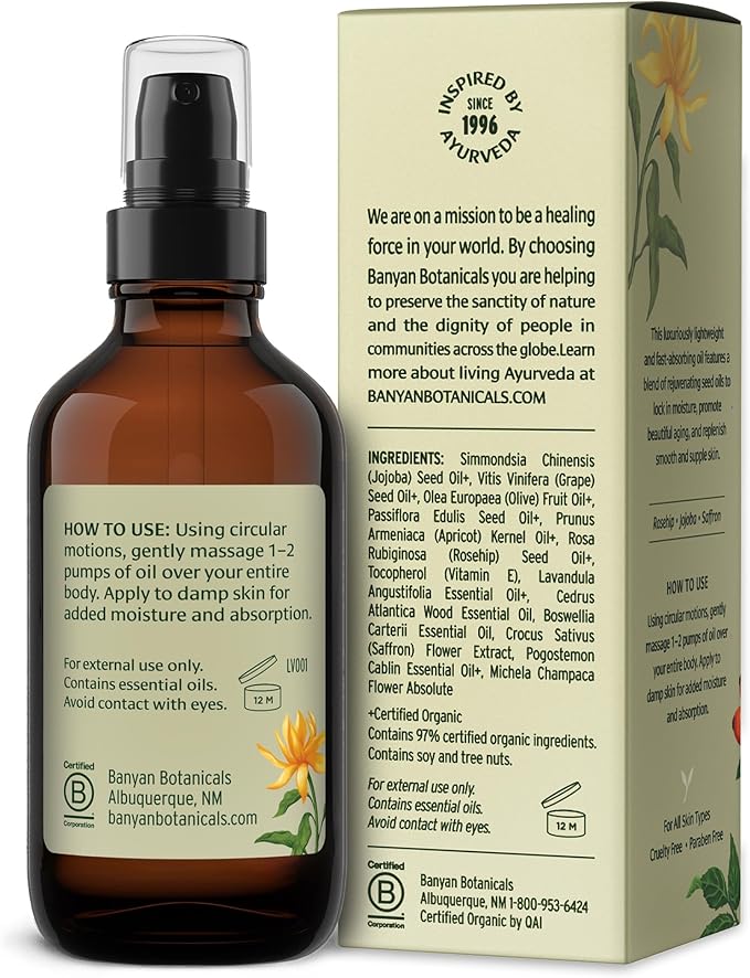 Banyan Botanicals Body Oil – Lightweight & Non-Greasy Body Oil – Ayurvedic Skin Care with Organic Jojoba Oil & Herbs for Soft, Smooth Skin – 4 oz – Non-GMO, Cruelty Free, Paraben Free Massage Oil