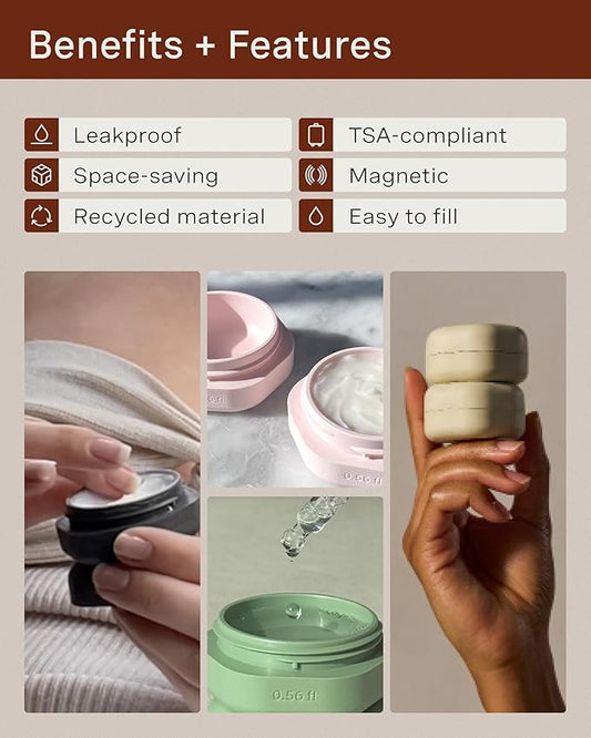 Cadence Travel Containers - Basic Skincare Set - Magnetic Travel Capsules - Facial Cleanser, Moisturizer, Sunscreen - 3 Small Capsules (0.56oz) with Cleanser, Moisturizer & Sun-Icon Label - Pacific