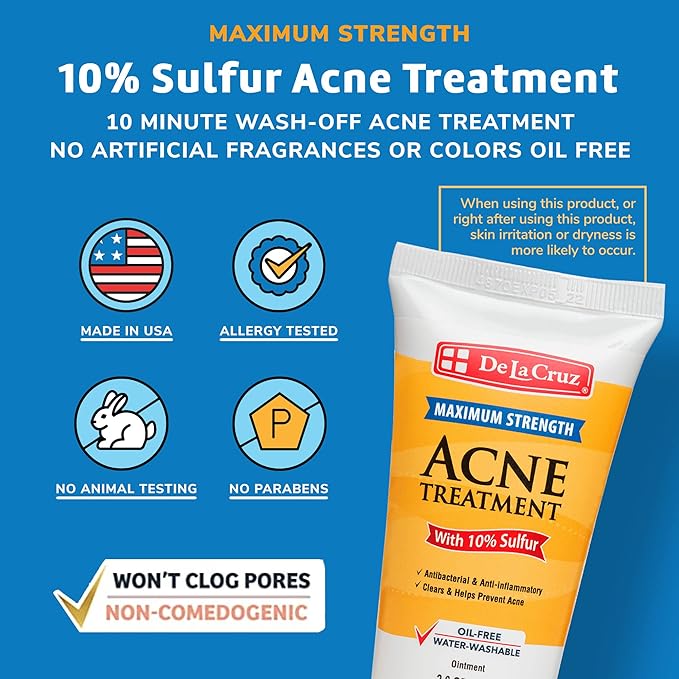 De La Cruz Sulfur Ointment - Cystic Acne Treatment for Face and Body - Daily 10 Min Spot Treatment Mask - Safe and Effective Game Changing Hormonal Acne Treatment that Clears Up Pimples - 2.6 OZ Tube