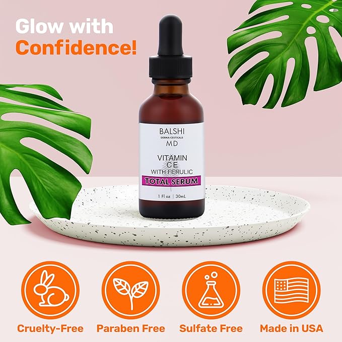 TOTAL SERUM - Vitamin C E with Ferulic Acid Serum - w/L Ascorbic Acid, Hyaluronic Acid, Glycerin, and Sodium PCA - Vitamin C Serum with Ferulic Acid Use to Boost Defense, Brighten, Firm, Hydrate, 1oz