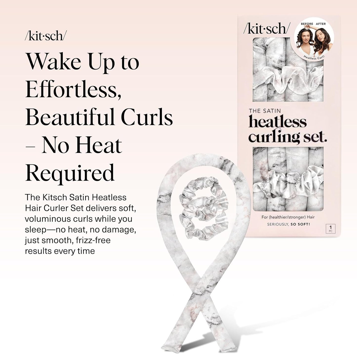 Kitsch Satin Heatless Hair Curler Set - Heatless Curls Overnight, Hair Rollers for Soft Curls & Frizz-Free Styling, No Heat Curlers To Sleep in, Curling Rod Headband with 2 Scrunchies - Marble