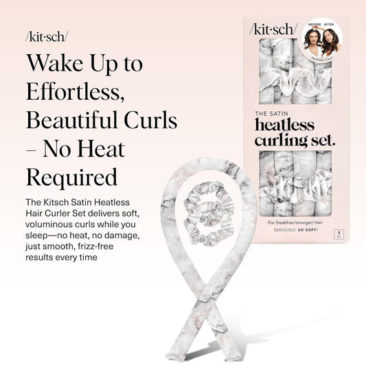 Kitsch Satin Heatless Hair Curler Set - Heatless Curls Overnight, Hair Rollers for Soft Curls & Frizz-Free Styling, No Heat Curlers To Sleep in, Curling Rod Headband with 2 Scrunchies - Marble