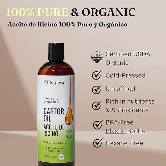 Castor Oil 16 OZ- Aceite de Ricino - Cold Pressed 100% Pure, Certified Organic, Hexane Free for Eyelashes, Eyebrows, Frizzy, Hair Growth Women and Men, Beard Growth