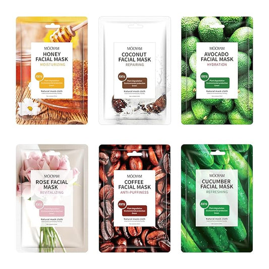 Face Mask Skincare, 6 Pack Variety Sheet Masks - Spa Party Face Masks - Natural Ingredients, Moisturizing & Soothing - Suitable for All Skin Types