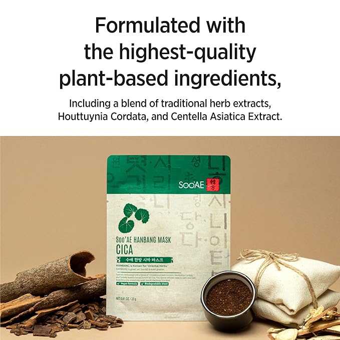 Soo'AE Hanbang Mask Cica [12 Count] Best For Dry & Dehydrated Skin, Vegan, 10 Traditional Herb Extracts, Soothing & Calming, Premium Quality, Korean Skincare, Self Home Care, 12 Value Pack
