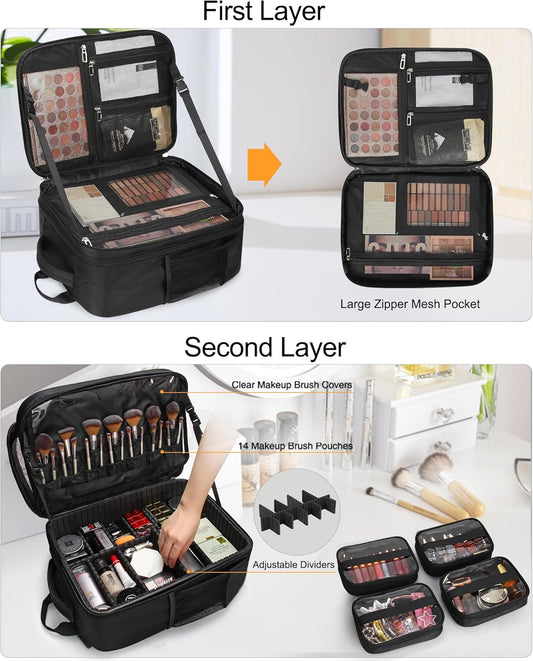 Makeup Backpack Extra Large Cosmetic Bags Professional Makeup Artist Bag Travel Train Case Storage Organizer Double-Layer Cosmetic Case with 4 Pouch and Brush Organizer