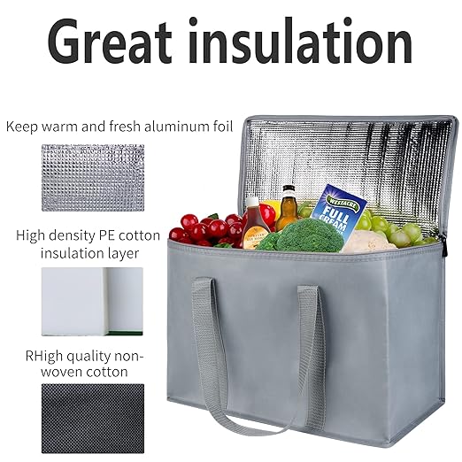 3-Pack XL-Large Insulated Grocery shopping bags, gray, Reusable, Heavy Duty, zipped zipper,Collapsible,tote,cooler,for men,women,,for car,Recycled Material Grey