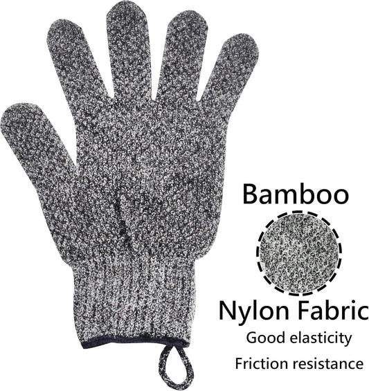 Exfoliating Gloves with Hanging Loop - 1 Pair Bamboo Charcoal Bath/Shower Gloves, Bath Gloves for Shower Exfoliating and Ingrown Hair/Dead Skin Remover - Bamboo Charcoal - Exfoliator Mitt Scrub Gloves