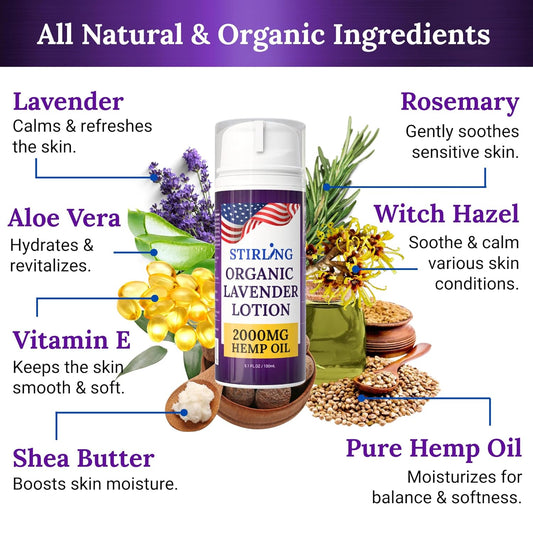 STIRLING Lavender Lotion – Organic Lavender with 2000mg Hemp Oil, Aloe Vera, and Vitamin E – Nourishing and Moisturizing Body Lotion for a Soft and Smooth Feel