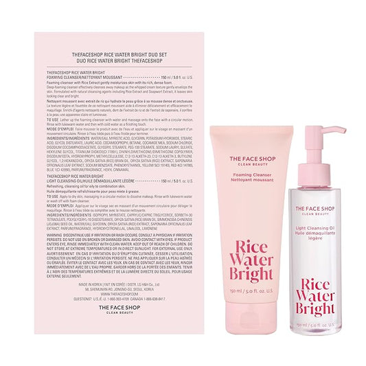 The Face Shop Rice Water Bright Double Cleansing Duo Set with Ceramide, Korean Skin Care, Gentle Face Wash & Pore Control Cleansing Oil, Hydrating, Moisturizing, Vegan Facial Cleanser, Makeup Remover