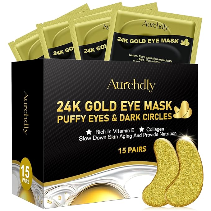 Under Eye Patches(24K Gold 15 Pairs), Gel Eye Mask for Reduce Dark Circles, Puffy Eyes,Undereye Bags, Wrinkles,-with Hyaluronic Acid & Collagen,Eye Treatment Skin Care for Men & Women Gift