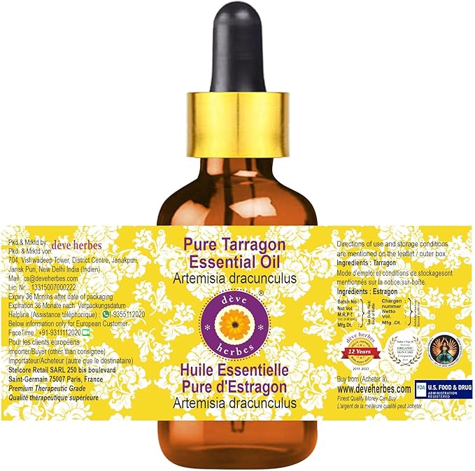 Deve Herbes Pure Tarragon Essential Oil (Artemisia Dracunculus) with Glass Dropper Steam Distilled 50ml (1.69 oz)
