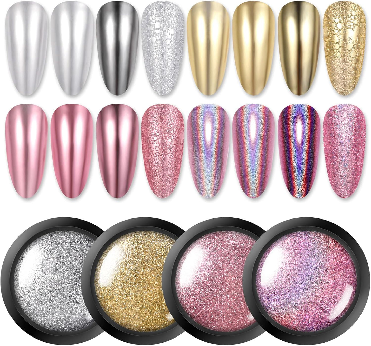 Born Pretty Chrome Nail Powder Metallic Mirror Powder Holographic Pigment Powder Manicure Nail Art Decoration Sets Silver Gold Pink Rose Gold 4 Boxes