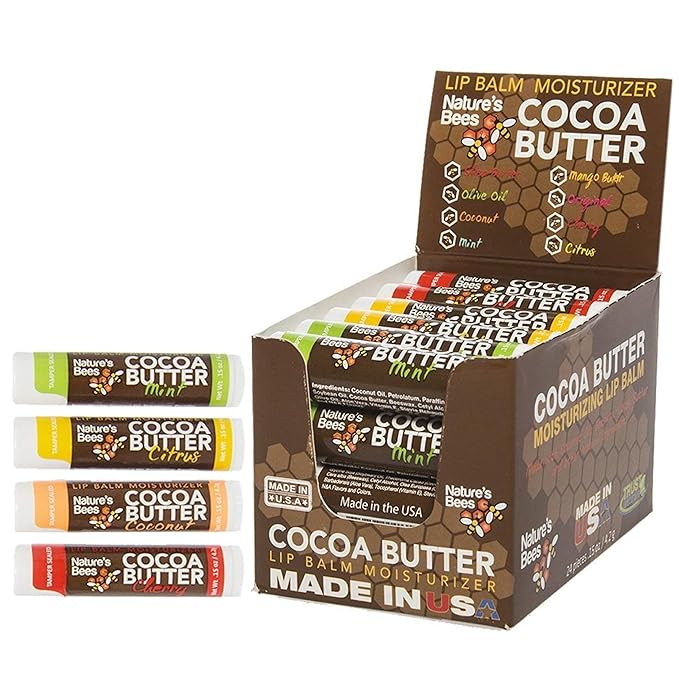 Nature's Bees Cocoa Butter Lip Balm, Lip Care for Dry Lips, Made with Coconut Oil, Beeswax, Vitamin E, Aloe, and Shea Butter, 0.15 oz Each, 4 Flavors, Citrus, Coconut, Cherry, and Mint, 24 Pack