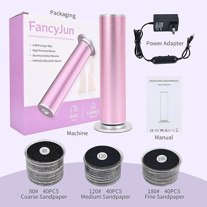 Professional 800RPM Electric Foot Callus Remover with 120pcs Sandpaper Discs, 4.8IN Aluminum Callus Remover for Feet, Stepless Speed Control Foot File for Dead Skin (Purple)