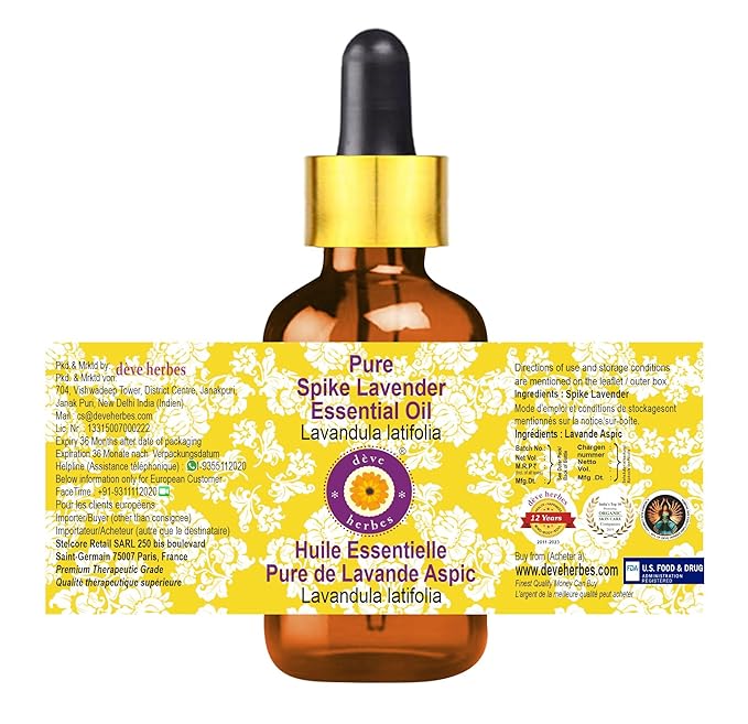 Deve Herbes Pure Spike Lavender Essential Oil (Lavandula latifolia) with Glass Dropper Steam Distilled 100ml (3.38 oz)