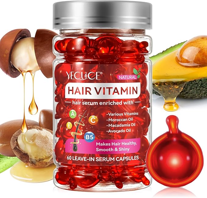 Hair Treatment Serum Hair Vitamin Capsules 60Pcs, with Vitamin A C E Pro B5, No Rinse with Argan Macadamia/Avocado Oil for Hair Repair, Smooth & Anti Frizzy (red, 60)