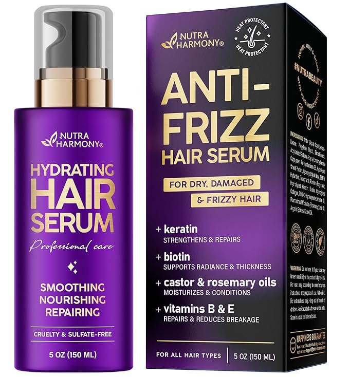 Hydrating Hair Serum for Frizzy and Damaged Hair - Keratin Hair Treatment for Dry Damaged Hair w/ Biotin, Castor Oil, Rosemary Oil, Hair Heat Protectant & Anti Frizz Hair Serum For Frizzy Hair, 5 Oz