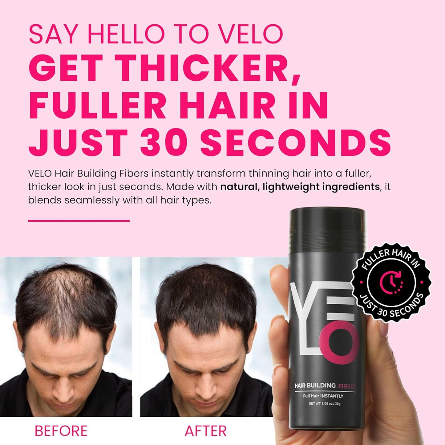 VELO Hair Building Fibers for Thinning Hair –BLACK Hair Fibers for Men & Women – Covers Bald Spots, Hairline Powder, Hair Thickening Fibers – Hair Filler Powder for Fuller-Looking Hair – 30g