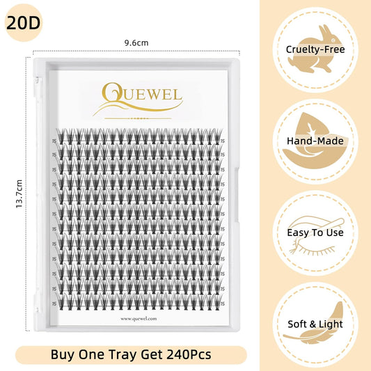 QUEWEL Cluster Lashes 240Pcs Individual Lashes 20D 0.07C Curl 15mm Knot-Free Lash Extensions Clusters Lashes Soft&Natural False Eyelashes Individual DIY Eyelash Extension at Home(20D 0.07C 15)