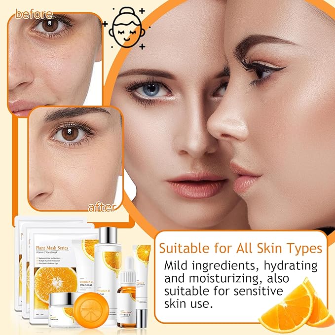 Vitamin C Skincare Set,Hydrating Travel Size Face Wash,Moisturizing Face Toner & Face Serum & Face Cream,Eye Cream Skin Care Gift Set for Women（9PCS)