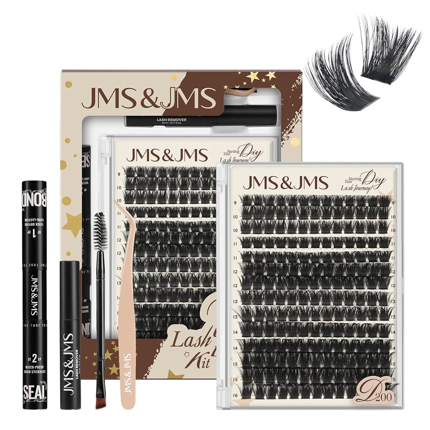 JMS&JMS DIY Lash Extension Kit Lash Clusters Kit 200D D Curl Individual Lashes Eyelash Extension Kit 182pcs Thin Band Cluster Lashes Lash Bond and Seal Tweezers Easy to apply