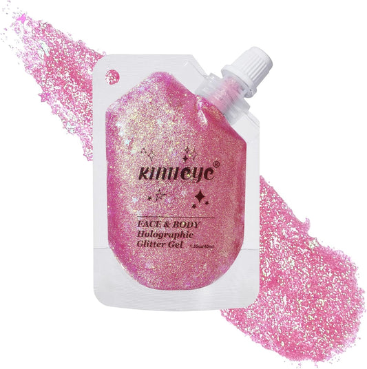 Holographic Face Glitter Gel Body Shimmer Makeup for for Hair, Face, Clavicle, Arm, Nail, Eyeshadow, Long Lasting Waterproof Mermaid Sequins Party Glitter for Rave Festival, 1.35oz (Peach #1)