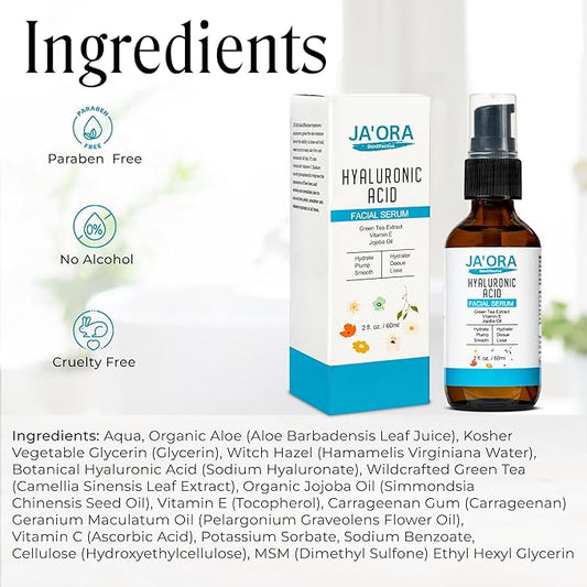 JA'ORA Skin Effective Hyaluronic Acid Serum, 60ML - Anti-Aging with Aloe Vera & Vitamin E, Hydrating, Firming, Brightening for Even Skin Tone & Wrinkle Care