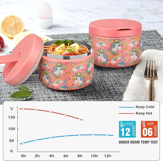 12oz Kids Soup Thermo for Hot Food Insulated Vacuum Food Jar with Buckle Lid, Stainless Steel Wide Mouth Leak Proof Lunch Container for School Travel-Pink