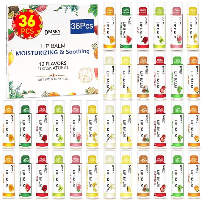 DMSKY 36 Pack Lip Balm, Natural Lip Balm Bulk with Vitamin E and Coconut Oil, Moisturizing Lip Balm for Chapped Lips, Bulk Lip Balm for Women-12 Flavors