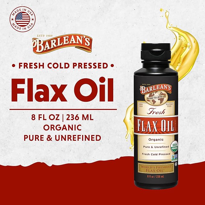 Barlean's Organic Flaxseed Oil Liquid from Fresh Cold Pressed Flax Seeds, 7,640mg ALA Omega 3 Fatty Acid Supplement for Skin and Hair Care, Vegan & Gluten Free, 8 oz