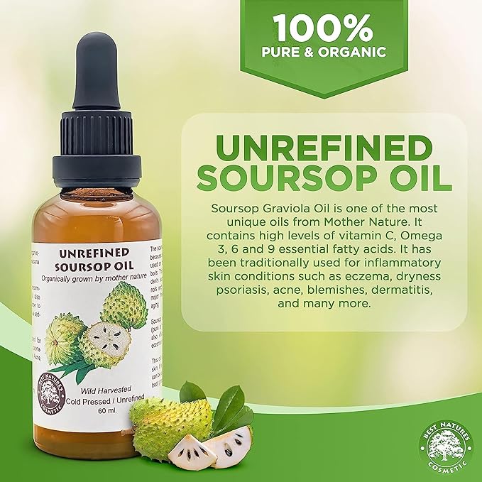 Best Nature's Cosmetics Virgin Soursop Graviola Guanabana Oil (Organic, Undiluted, Cold Pressed, Unrefined) 4 oz / 120 ml – Natural Moisturizer for Dry and Damaged Skin.