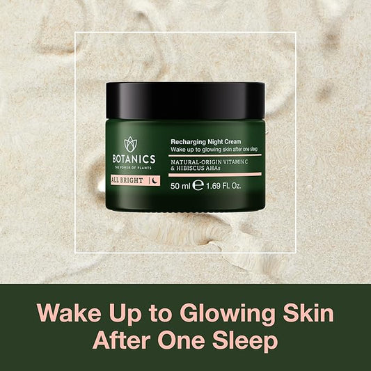 Botanics All Bright Recharging Night Cream - Vitamin C Face Moisturizer with Hibiscus AHA for Glowing Skin - Hydrating & Smoothing - Vegan & Cruelty-Free Face Cream for Women & Men (1.69 Fl Oz)