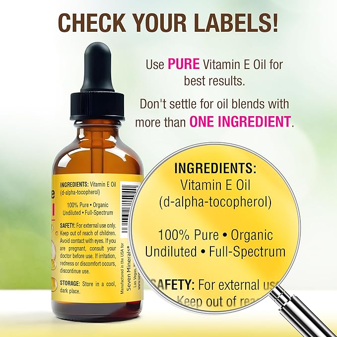 Seven Minerals Ultra Pure Vitamin E Oil - 300,000 IU Full-Spectrum D-Alpha Tocopherol per 4 Oz Bottle - 100% Organic Vitamin E Oil for Skin, Face, Hair, and Scars - Naturally Occurring = Not Synthetic