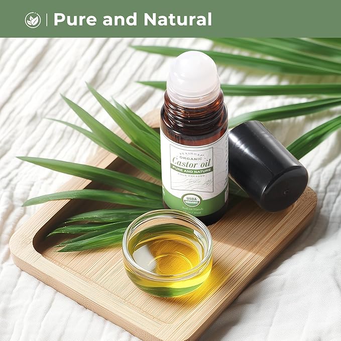 Castor Oil Roll on for Waist Belly Body Skin, Certified Organic Pure Cold Pressed Body Castor Oil Roller Stick Glass Bottle - 1fl.oz