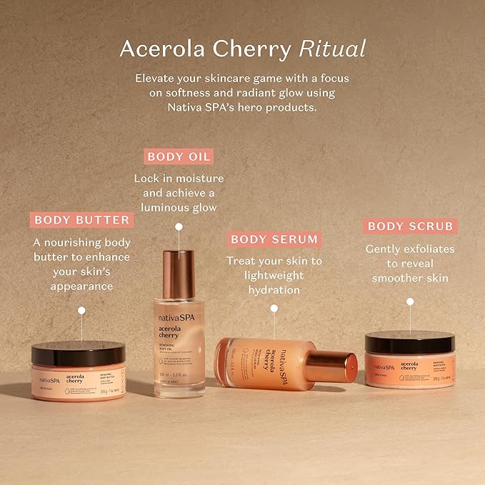 NATIVA SPA O BOTICÁRIO, Acerola Cherry Renewing Body Oil, Luminous Glow and Deep Hydration, 3.38 Ounce (100ml)