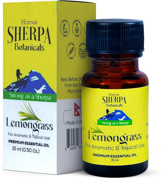 Lemongrass Essential Oil by Sherpa Botanicals - 100% Pure & Natural Oils - Ideal for Aromatherapy, Diffusers, Home Fragrance -Uplifting Citrusy Aroma for Wellness Practices - Vegan, Paraben-Free, 15mL