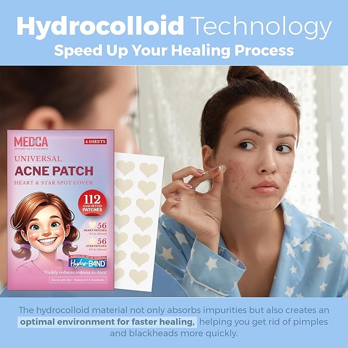 MEDca Acne Patches for Face - Hydrocolloid Bandages (112 Count) Pimple Patches for Face in Hearts & Stars, Acne Spot Treatment Care for Face & Skin Spot Patch Conceals Zits, Acne and Blackheads
