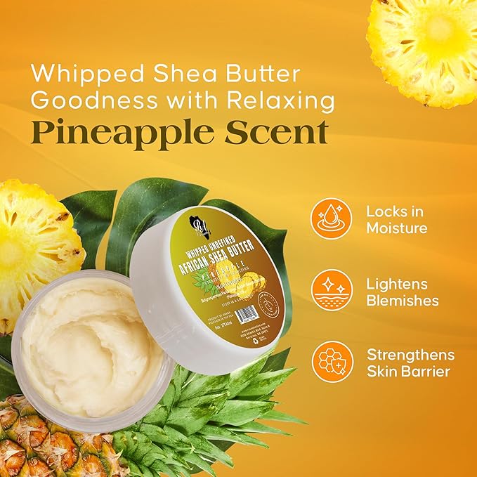 RA COSMETICS Whipped Shea Butter Pineapple - 6oz | 100% Pure & Natural African Shea Butter for Men & Women - Ultimate Handcrafted Moisturizer with Essential Vitamins for Radiant Skin