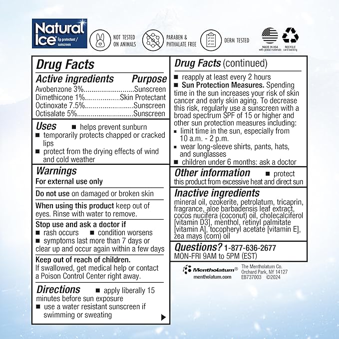 Mentholatum (R) Natural Ice (R) Sport Broad Spectrum SPF 30 Medicated Lip Balm - 12 Pack of 4.2 g Tubes