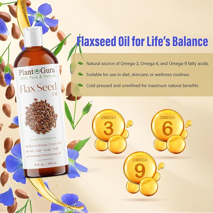 Flaxseed Oil 8 fl. oz. Unrefined Cold Pressed 100% Pure Natural Carrier For Skin, Face, Body Moisturizer, and Hair Growth.